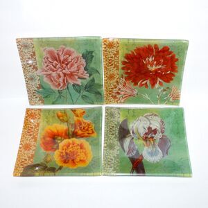 Paula Scaletta 4 Square Plate Set Asian Garden glass flower Evergreen 8” in box